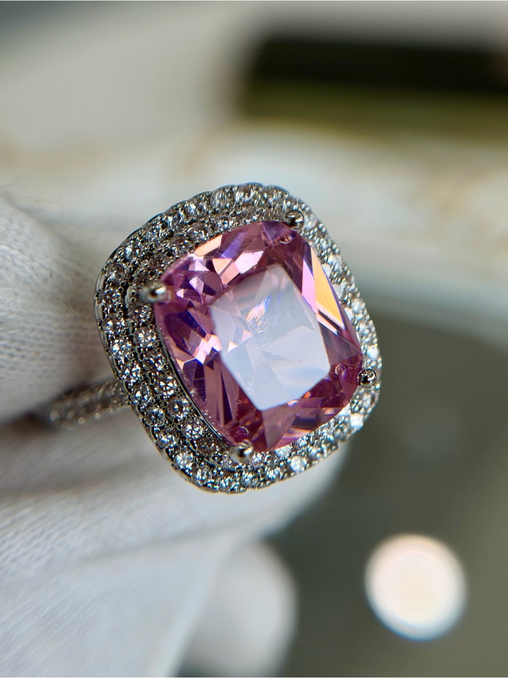 Silver Tone Fancy Giant Elongated Cushion Pink cubic zirconia Stone Halo Style